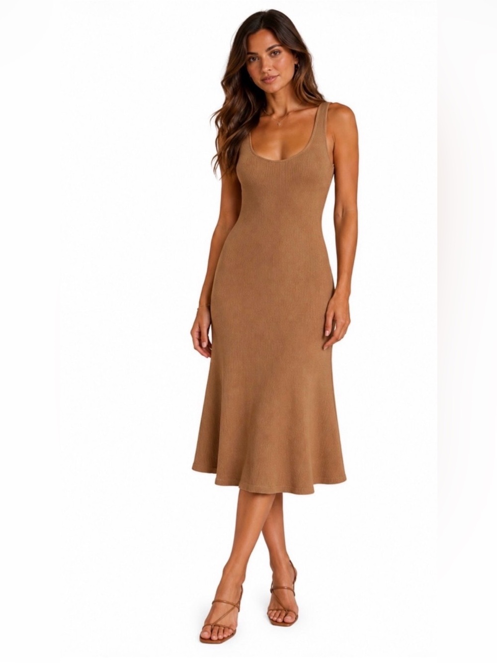 VINCE XS Ribbed Scoop Neck Midi Dress - light Brown camel tan beige